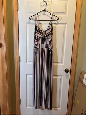 Striped Spaghetti Strap Maxi Dress - Black, White, Pink Stripes
